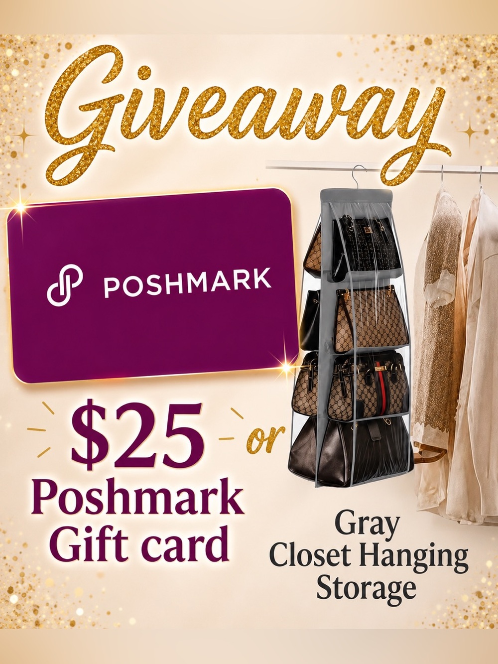 $25 Poshmark Giftcard GIVEAWAY or Gray Purse Hanging Storage